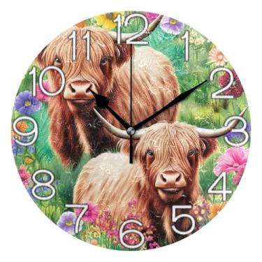 Imagem de GAIGEO Relógio de parede decorativo analógico redondo sem tique-taque silencioso relógio de cozinha rústico, decoração de sala de estar, arte moderna, vacas highland animal colorido, 25 cm, ponteiros