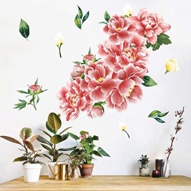 Imagem de Rotamora Decalques de parede de peônia aquarela adesivos de parede florais decalques grande borboleta peônia removível arte decalque delicado flor rosa adesivo para decoração de papel de parede de
