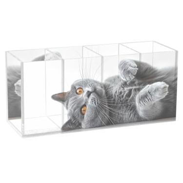 Imagem de TSENQUE Porta-lápis fofo personalizado de desenho animado para mesa cinza gato deitado marcador artístico suporte acrílico pincel caneta, copos, armazenamento de lápis