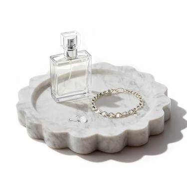 Imagem de Bandeja decorativa de mármore redonda de 14 cm com borda recortada, bandeja de louça de banheiro de pedra de mármore natural