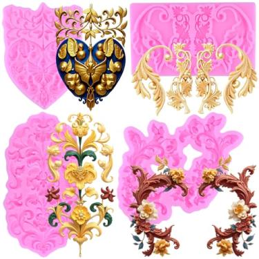 Imagem de MIYAHOUSE Moldes de fondant barrocos em relevo moldes de silicone para decoração de bolos, topo de cupcake, pasta de goma de chocolate, argila de polímero, conjunto de 4