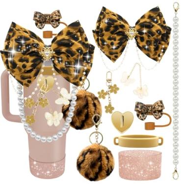 Imagem de LBU Acessórios de copo Bling Stanley para copo de 40/30/567 g com alça, incluindo topo de palha com laço de glitter, capa de canudo de coração, alça de alça de garrafa de água, bota, pompom, pingentes