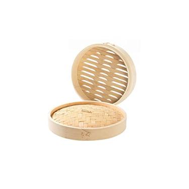 Imagem de Cesta de bambu feita à mão de 12,7 cm com tampa, vaporizador de alimentos tradicional multiuso para cozinhar vegetais, dim sum, pães bao, carne de peixe (12,7 cm - 1 camada)
