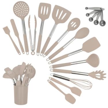 Imagem de Kit 15 Utensílios de Cozinha Silicone com Cabo Inox, Espátulas e Colheres Resistentes ao Calor, Conjunto Completo Antiaderente(Creme)