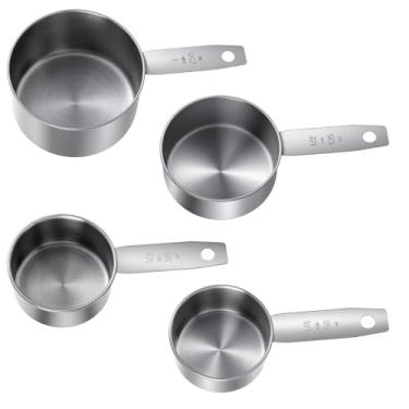 Imagem de 4 peças de copo medidor de aço inoxidável, 1, 1/2, 1/3, 1/4 xícara - 250, 125, 80, 60 ml colher de copos medidores de metal, colheres confortáveis para medição de sensação manual para café, cozinha