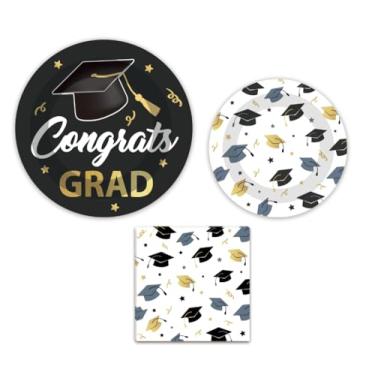 Imagem de AnyDesign Conjunto de talheres de formatura serve 24 pratos de papel descartáveis com guardanapos de almoço para decoração de festa de graduação, 72 peças
