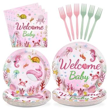 Imagem de Greencian Conjunto de utensílios de mesa subaquáticos rosa para chá de bebê oceano com 96 peças, pratos e guardanapos rosa para meninas, aniversário, casamento, chá de bebê, decoração de festa de