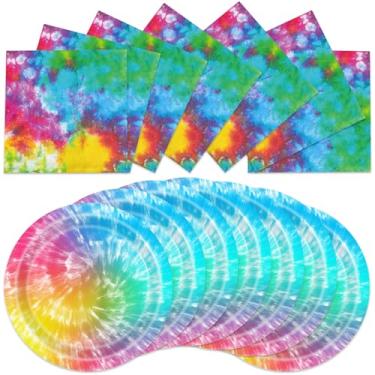 Imagem de CRINSLY 40 peças de decorações de festa de aniversário tie dye, suprimentos de pratos e guardanapos para meninas de feliz aniversário, conjunto de utensílios de mesa descartáveis para chá de bebê