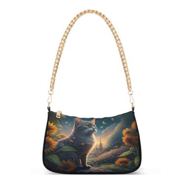 Imagem de Bolsa de ombro divertida de corrente de girassóis de gato, bolsa Hobo com estampa artística para mulheres, bolsa clutch média versátil