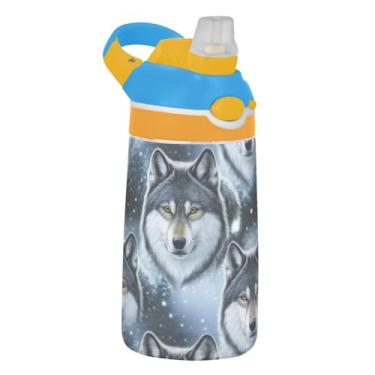 Imagem de Garrafa de água infantil Cool Gray Wolves Animal 473 ml Tritan garrafa de água de plástico portátil com tampa de canudo 473 ml copo infantil à prova de vazamento, reutilizável, alça de transporte