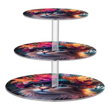Imagem de Joitme Suporte de cupcake de 3 níveis para chá de bebê, torre de cupcake, exibição acrílica, boho, gato, floral, girassol, suporte de donut, suporte para sobremesa, estampa