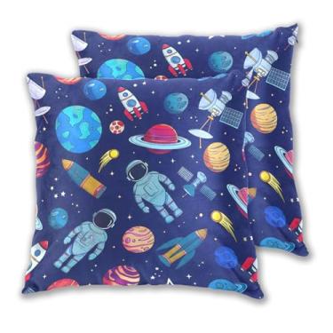 Imagem de Joitme Conjunto de 2 capas de almofada de desenho animado astronauta de planetas espaciais, decoração de sofá-cama, estética, 45 x 45 cm, 2 peças