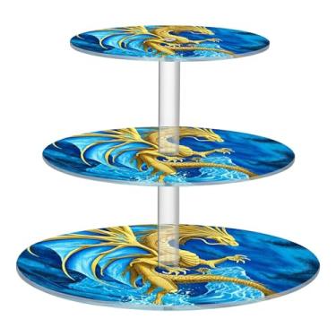 Imagem de Dragon Pterosaur Water Blue 3 camadas suporte para cupcake xícara de chá para torre de bolo, bandejas de servir fofas para festa, sobremesa, decoração de mesa de desenho animado chá de bebê