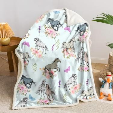 Imagem de AILONEN Cobertor de lã de ovelha de cavalo galopante, cobertor de lã de ovelha com estampa floral de cavalo para meninas e meninos, cobertor aconchegante e leve para sofá de cama, 140 x 129 cm