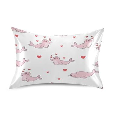 Imagem de Blueangle Fronha de cetim refrescante para cabelo e pele, capa de almofada de focas rosa, tamanho Queen 50,8 x 76,2 cm com fecho de envelope (639)