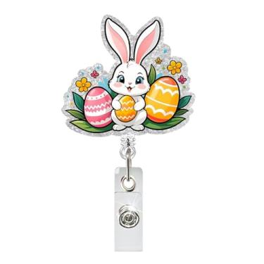 Imagem de Carretel de crachá de Páscoa, porta-crachá de flor de coelhinho fofo para cartão de identificação, ovos de Páscoa, porta-crachá retrátil, acessórios de clipe de jacaré para enfermeiras, trabalhadores