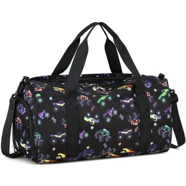 Imagem de LEDAOU Bolsa de viagem infantil para meninos e meninas, viagem noturna, esportiva, academia, bolsa de ombro com compartimento para sapatos e bolso molhado, Veículo com rodas, Large, Bolsa infantil
