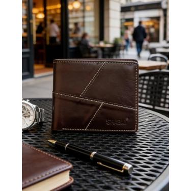 Imagem de Carteira masculina dobrável de couro curta, carteira casual macia e fina (marrom escuro)