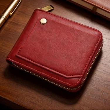 Imagem de Carteira masculina de couro curta com zíper, carteira vermelha vibrante com zíper (vermelha)