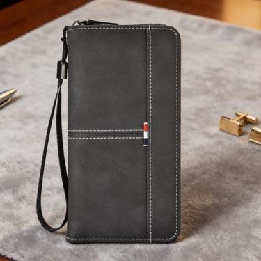 Imagem de Carteira ultrafina de couro liso universal simples e preto com vários compartimentos com zíper e couro liso de grão cruzado