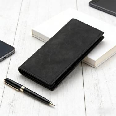 Imagem de Carteira masculina retrô preta longa magnética de camurça leve, design retrô longo com fecho magnético, camurça de cor sólida e estrutura leve e fácil de transportar