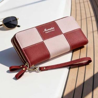 Imagem de Carteira feminina, bolsa de telefone de couro macio longa com zíper duplo, organizador fino de grande capacidade com bloqueio RFID para itens essenciais do dia a dia (vermelha)