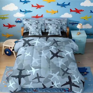 Imagem de Erosebridal Jogo de edredom de avião azul, 7 peças, solteiro, camuflado, aeronave camuflada, para crianças e adultos, edredom e lençol com estampa de camuflagem rústica, aviões modernos