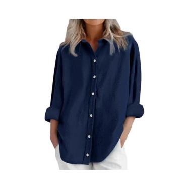 Imagem de Camisa Casual Feminina De Algodão E Linho De Manga Longa Em Cor Sólida