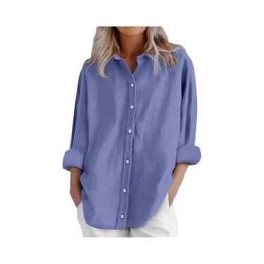 Imagem de Camisa Casual Feminina De Algodão E Linho De Manga Longa Em Cor Sólida
