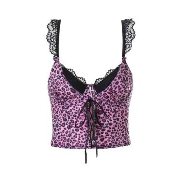 Imagem de Top Corset Estampado De Leopardo Rosa Y2K Com Alças De Renda Preta, De