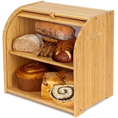 Imagem de Purbambo Bamboo Bread Box for Kitchen Counter, Double Layer Roll Top Bread Keeper Food Storage Container with Adjustable Shelf