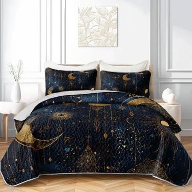 Imagem de AILONEN Conjunto de colcha com lua e estrelas, tamanho king, 3 peças, galáxia, céu estrelado, lua, sol, exótico, universo celestial, roupa de cama para meninas e mulheres, colcha de microfibra macia e