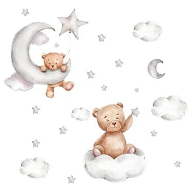 Imagem de Conjunto de 2 adesivos de parede fofos urso lua e estrelas 45 x 30 cm PVC desenhos animados decalques de parede decoração de parede interior para quarto de crianças quarto de bebê berçário