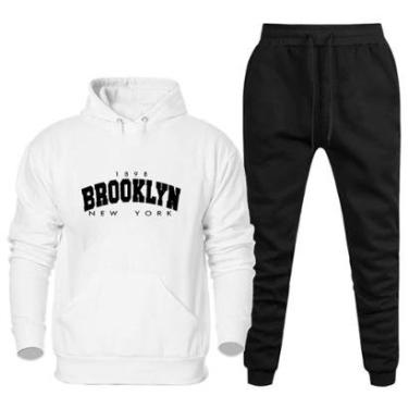 Imagem de Conjunto de Moletom Plus Size Canguru Flanelado Com Calça Confortavel Estampa Brooklyn New York-Masculino