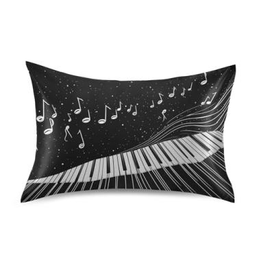 Imagem de Wassud Fronha de cetim com teclas de piano e notas musicais para cabelo e pele, fronhas de seda lisa, tamanho queen, respirável, com fecho de envelope