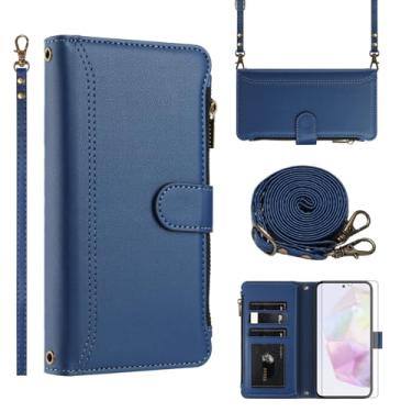 Imagem de Asuwish Capa de telefone para Samsung Galaxy A35 5G capa carteira com protetor de tela de vidro temperado alça de pulso transversal de couro flip zíper suporte para cartão de crédito celular A 35 35A