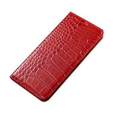 Imagem de HAOMRIYL Capa carteira fina para iPhone 16E, capa de couro genuíno com fecho magnético, suporte clássico, padrão de crocodilo, capa protetora, vermelha, 16E