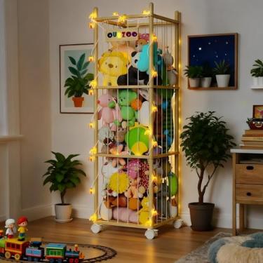 Imagem de Happnear Armazenamento de animais de pelúcia zoológico com rodas e luzes cintilantes, armazenamento e organizador grande de animais de pelúcia de 140 cm com cordão elástico para organização de