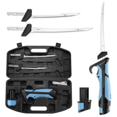 Imagem de Calamus Faca elétrica sem fio recarregável BladeVolt com lâminas de 17,8 cm e 22,9 cm, motor de 27.000 RPM, bateria tipo C, aderência antiderrapante e trava de segurança, estojo de transporte portátil