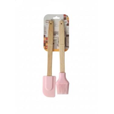 Imagem de Conjunto de Espátula e Pincel de Silicone com Cabo de Madeira, Rosa, 29cm, 2 Peças, Resistente ao Calor, Antiaderente, Retangular