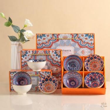 Imagem de Kit Bowl Tigela Cumbuca Pote 4 Peças Frutas Sorvete Caldos Sopa Sushi Cerâmica Porcelana Chinesa Premium Decorada Colorida 280ml