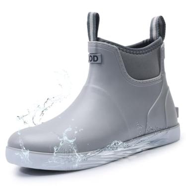 Imagem de GUYISAKJ Botas de chuva femininas de cano curto, impermeável, para festivais e jardins, sapatos masculinos - galochas de borracha leves e confortáveis com fivela decorativa, Cinza, branco, 9.5 Women/8