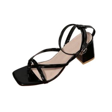 Imagem de Sandálias femininas de salto alto com bico quadrado com design de bico aberto salto grosso para uso casual, Preto, 38
