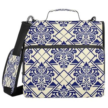 Imagem de SEHANY Fichário de zíper azul e branco com alça de ombro, capacidade para 500 folhas, vários bolsos, fichário com 3 anéis com zíper de 3 cm