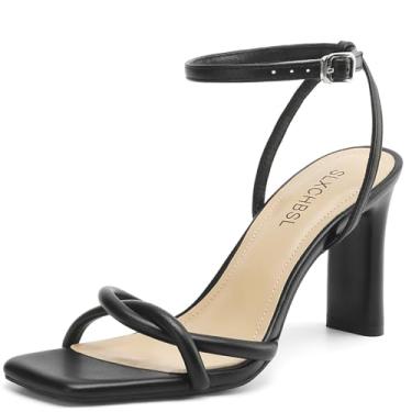 Imagem de SLXCHBSL Sandálias femininas quadradas de bico aberto com tiras para mulheres, elegantes e grossas, salto alto, fivela no tornozelo, sandálias de salto para mulheres, sapatos confortáveis de casamento