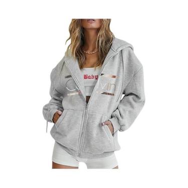 Imagem de Moletom Feminino Marrom Com Zíper E Estampa Branca, Manga Longa, Ombro