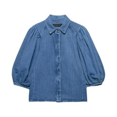 Imagem de Blusa Jeans Feminina Casual Primavera Verão Com Gola E Botões Soltos D