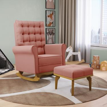 Imagem de Poltrona de Amamentação com Balanço e Puff Manu Veludo Rosê Base de Madeira F06 - D'Rossi