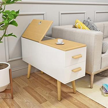 Imagem de Mesa lateral com 2 gavetas e armário de armazenamento com tampa dobrável para sala de estar - pernas de madeira maciça e dobradiças hidráulicas, mesa de canto longa estreita