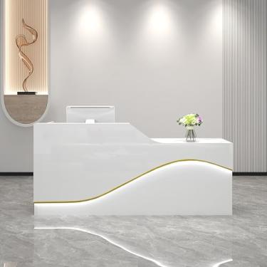 Imagem de Balcão de recepção elegante com veias brancas com gaveta bloqueável, bandeja de teclado e luz para salão, escritório de caixa e espaço de varejo - 140 cm x 49,8 cm x 99,8 cm